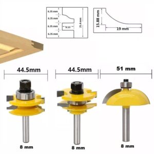 Фрезери комплект 3 броя, таблени вратички, захват 8mm, дебелина на детайла 25,4 мм